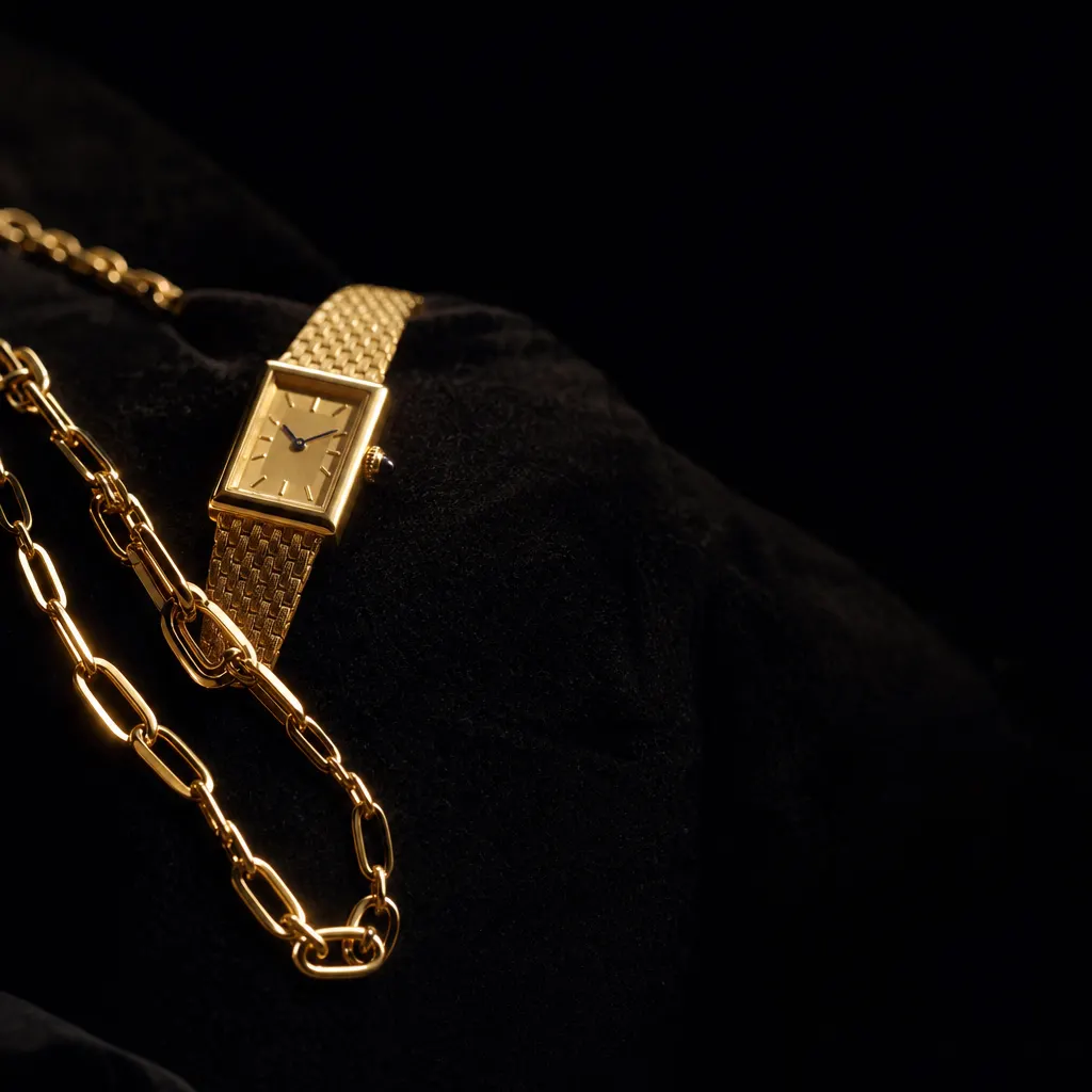 Un collier en or fin et une montre dorée posés sur du velours noir