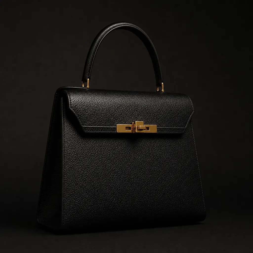 Sac à main noir structuré avec un fermoir doré, sur fond noir