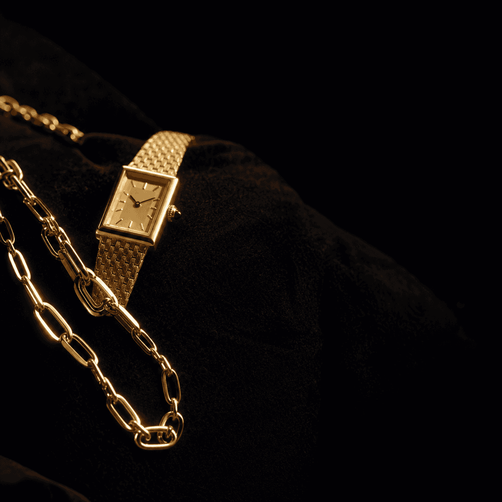 Un collier en or fin et une montre dorée posés sur du velours noir