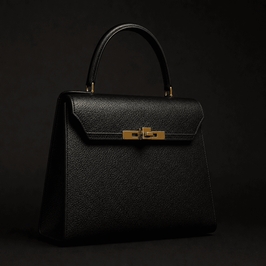 Sac à main noir structuré avec un fermoir doré, sur fond noir